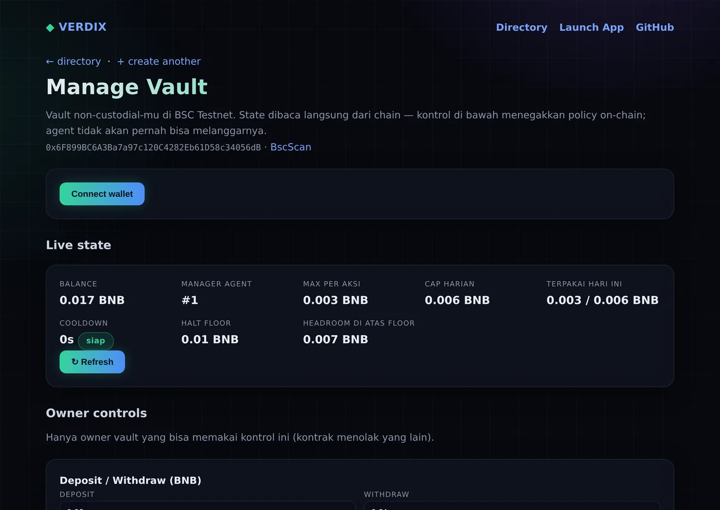 Vault control room with live on-chain state